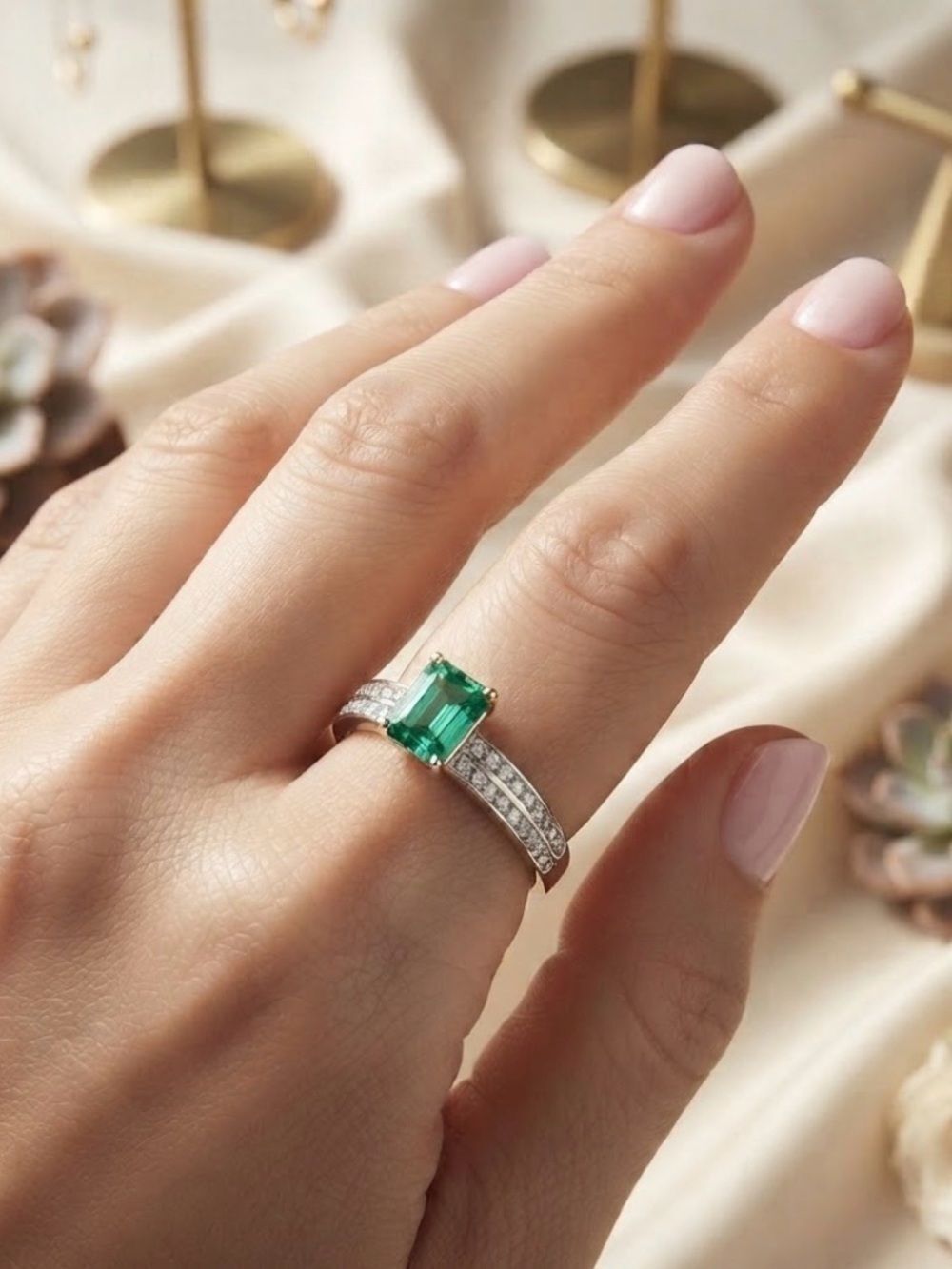 18K GOLD GENUINE COLOMBIAN EMERALD & DIAMOND RING SIZE 7